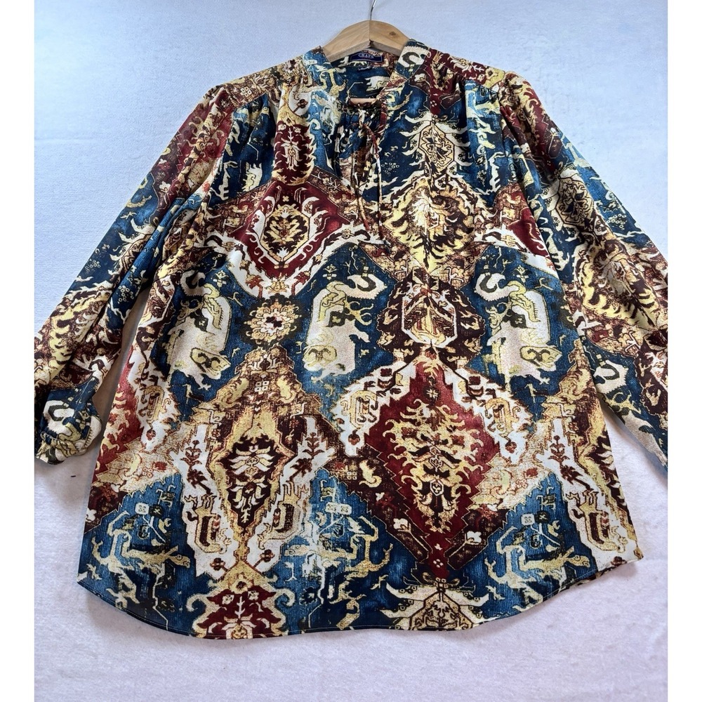 Chaps Tie Neck Blouse Size 2X Popover‎ Aztec Printed Balloon Sleeves